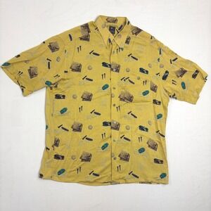 Casa Moda Mens XL Yellow Golf Print Viscose Short Sleeve Button Down Shirt